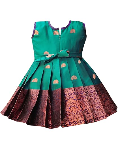 Suzvan Baby Girls South Indian Traditional Pattu Pavadai Jacquard Silk Lehenga Choli (Rama, 12 Months-24 Months)