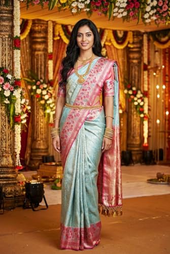VFCollections Women's Traditional Handloom Kanchipuram Silk Pure Pattu Sarees | Rich Zari Woven Design | Bridal Saree | Unstitched Blouse (VFC720-3)