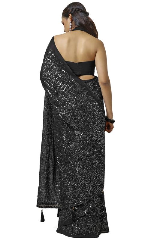 Soch Womens Black Chiffon Saree With Sequence Work