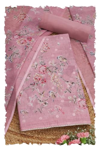 Soch Womens Blush Pink Linen Botanical Print Unstitch Dress Material With Sequins