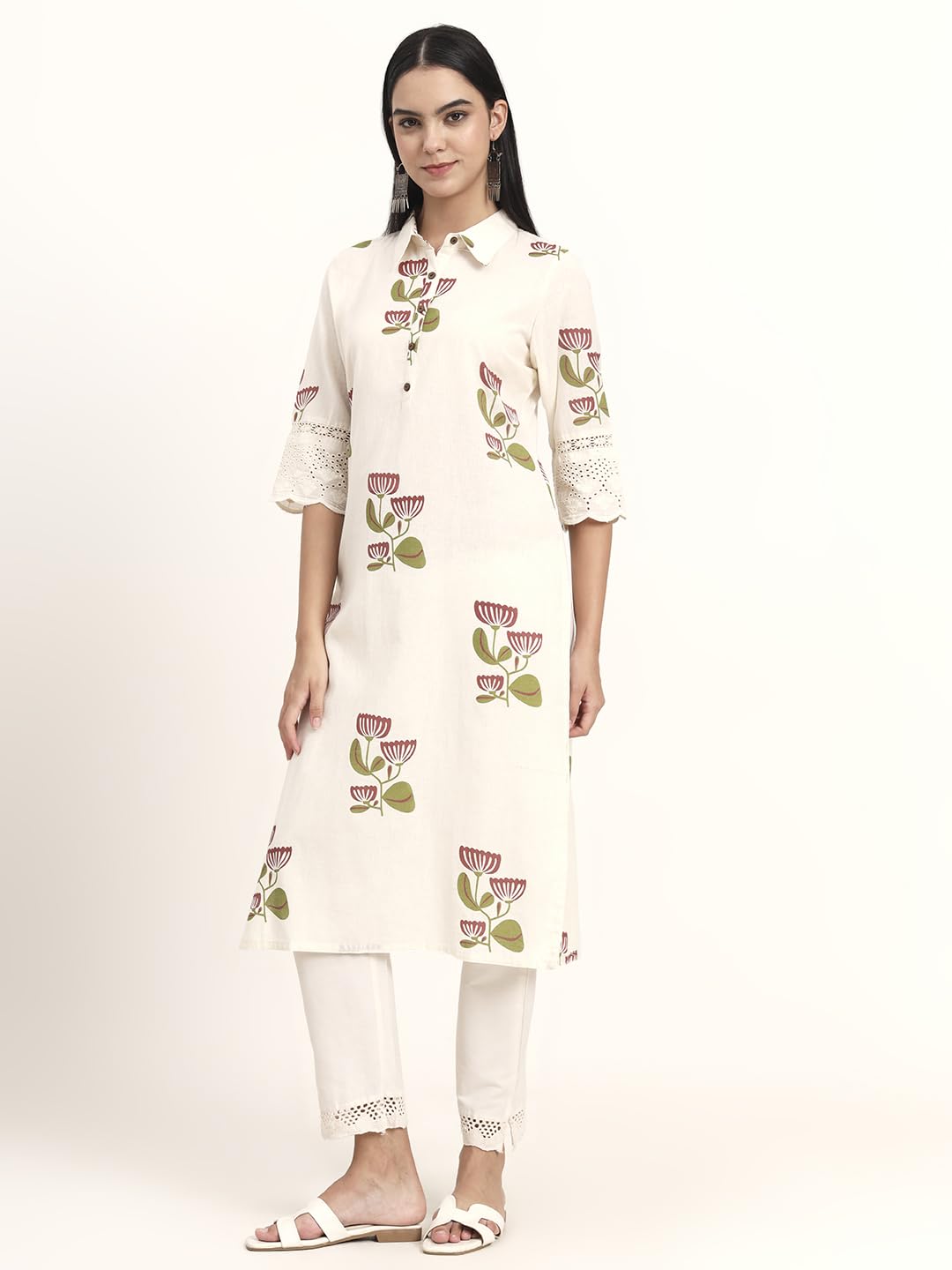 Divena Off White Floral Cotton A-Line Kurta (DBK1454)