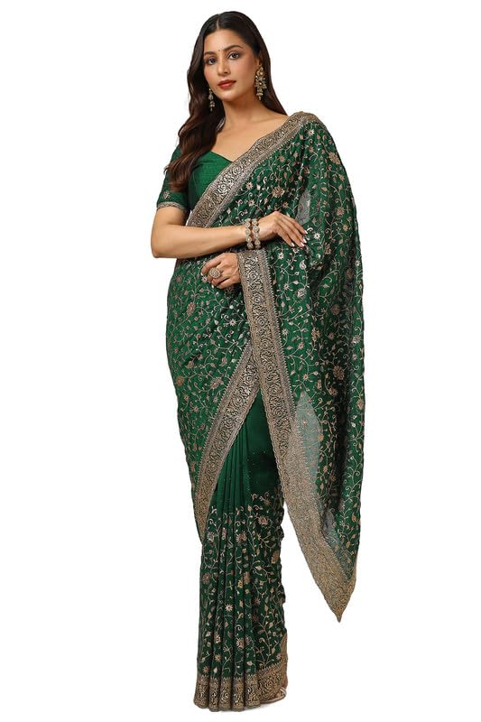 Soch Womens Green Tussar Embroidered Saree With Stone Work