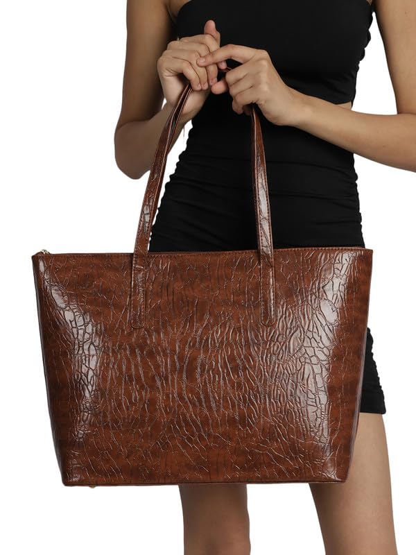 MINI WESST Women's Beautiful Brown Solid PU Tote Bag For Occasion, Office and College