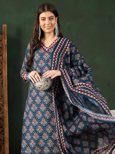 SHIENZY Cotton Blend V Neck Kurta Pant Set with Dupatta for Women | Women Kurta Pant Sets with Dupatta (1613_KBD-S)