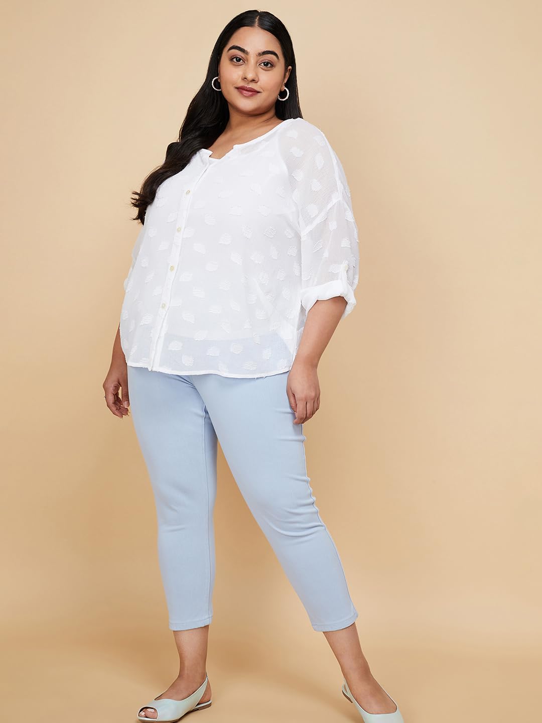 Max Women Plus Size Textured Blouse with Cami Top (WVN3206P_Ivory)