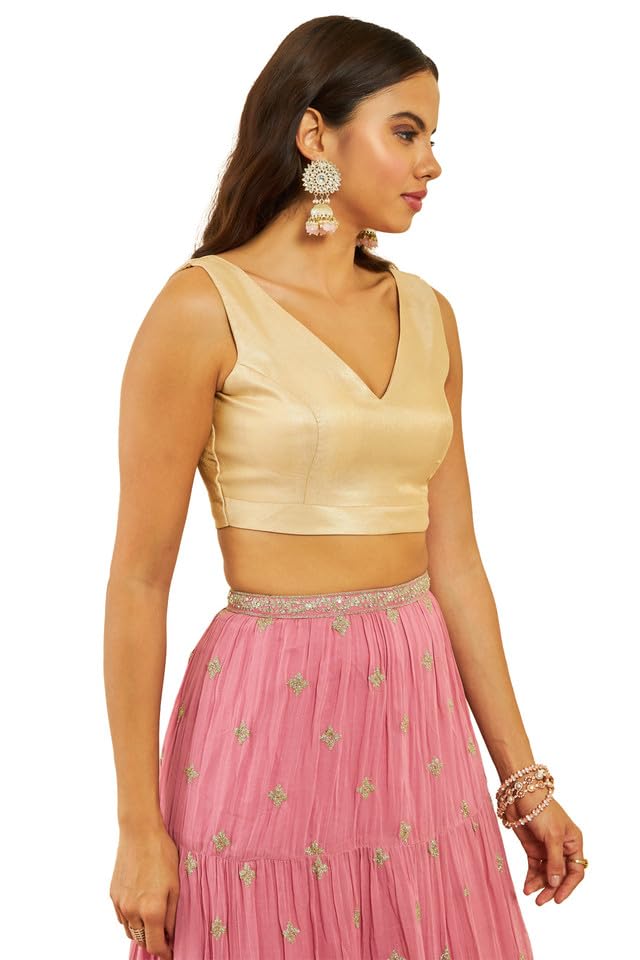 Soch Womens Gold Tussar V-Neck Back-Open Sleeveless Blouse