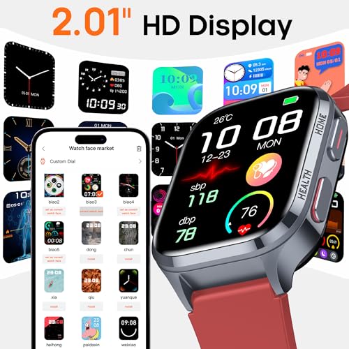 Yowow BIT Blood Pressure Smart Watch, 2.01" Enlager HD Screen,One -Click SOS, Heart Rate/Blood Oxygen/Sleep Monitor, Multiple Movement Activity Tracker,Bluetooth Calls,Family Data Sharing (Red)