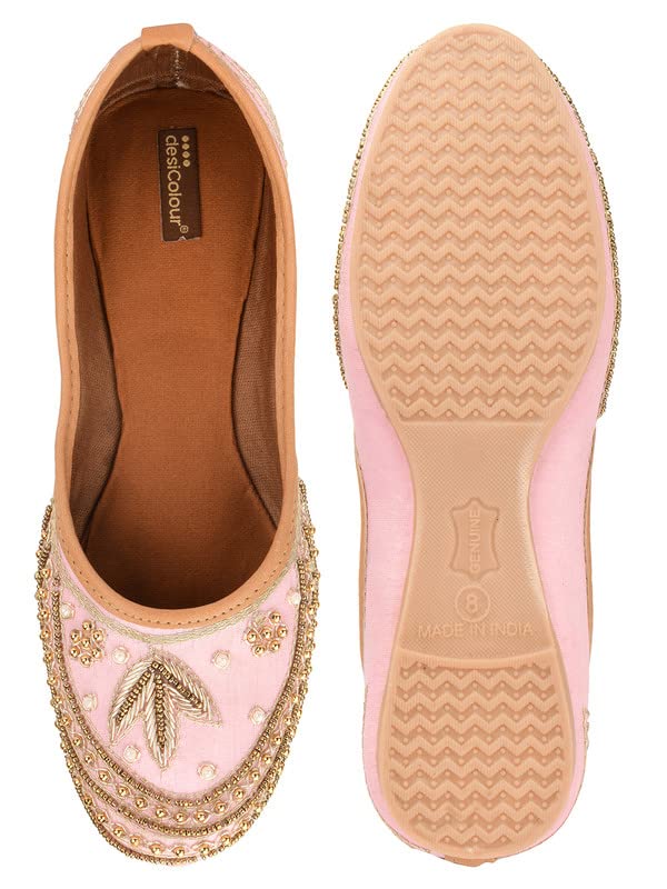 DESI COLOUR Mojari Punjabi Jutti for Women Ethnic Footwear- Dabka Work (Pink, Numeric_7)