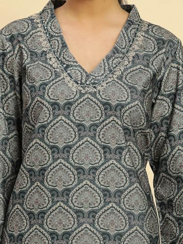 W for Woman Green Printed Winter Kurta with Embroidery (Size: M)-24NOW10359-122962
