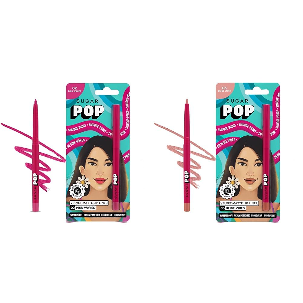 SUGAR POP Velvet Matte Lip Liner - 02 Pink Wave (Hot Pink) & SUGAR POP Velvet Matte Lip Liner - 03 Beige Vibes (Nude Brown)