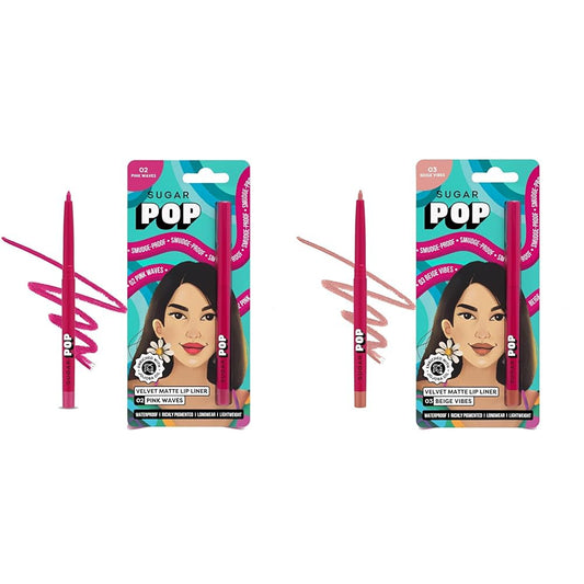 SUGAR POP Velvet Matte Lip Liner - 02 Pink Wave (Hot Pink) & SUGAR POP Velvet Matte Lip Liner - 03 Beige Vibes (Nude Brown)