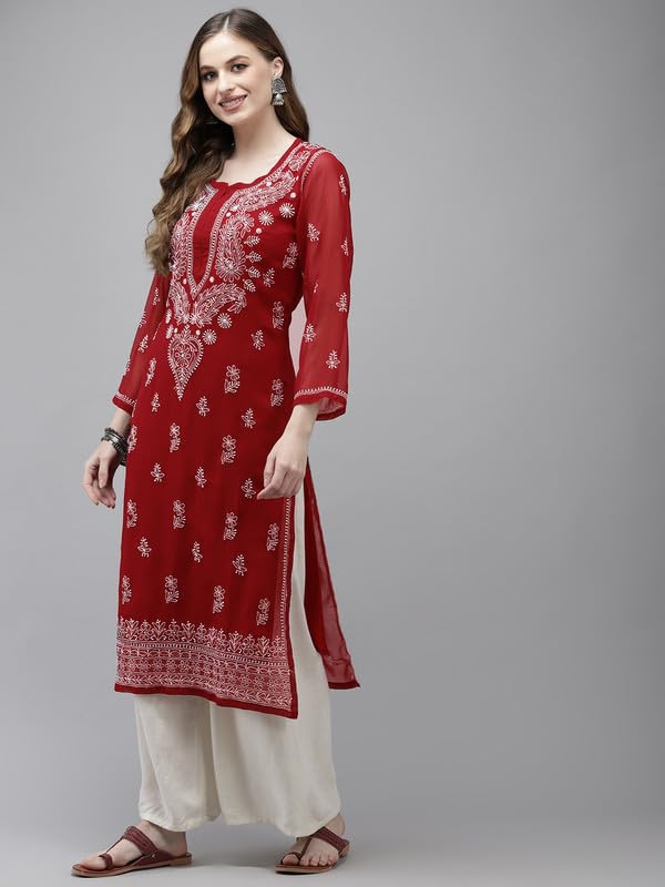 Ada Women Polyester Regular Fit Hand Embroidered Lucknowi Kurta Kurti with Slip A411349 Maroon (M)