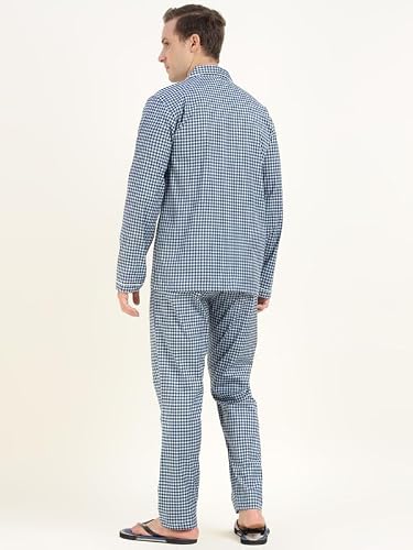 Hancock Men Cotton Checked Relaxed Fit Night Suit Blue Size S