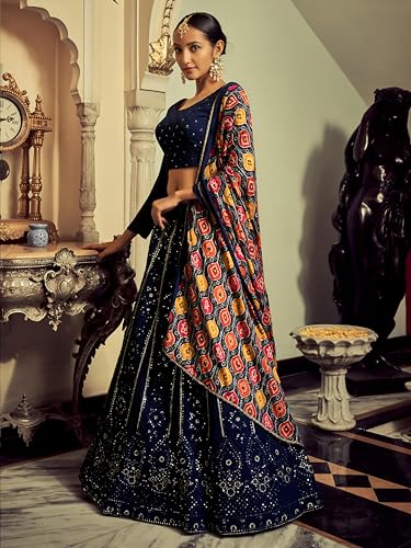 Zeel Clothing Women's Sequins Thread Embroidered Georgette Lehenga Choli With Dupatta (6005-Navy-Blue-Women-Lehenga-Choli-New; Free Size)(Navy-Blue)