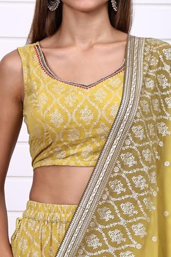 Aurelia Women's Lime Green Digital Printed Beads Straight Crop Top, Flared Skirt and Dupatta Set (Size: XS)-AS16171-509919
