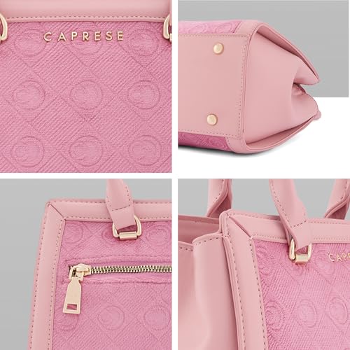 Caprese Katherine Medium Monogram Velvet Satchel for Women | Elegant Multi-Compartment Shoulder Handbag with Adjustable & Detachable Strap | Textured Velvet Designer Work & Party Purse (Pink Sorbet)