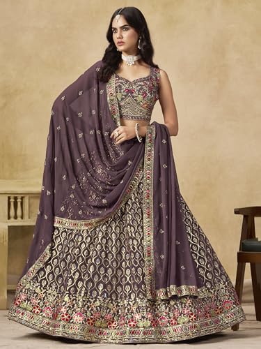 Zeel Clothing Women's Sequins and Thread Embroidered Work Georgette Lehenga Choli With Dupatta (5134-Women-Lehenga-Choli-Latest; Free size) (Light Purple)
