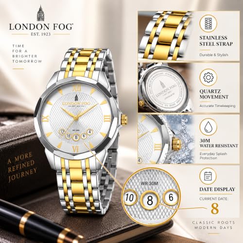 London Fog Paddington Collection Analog Quartz Watch for Men with Geometric-Textured Round Dial, Date Display, Roman Numeral & Triangular Hour Markers and Two-Tone Stainless Steel Strap - LFM10028-55