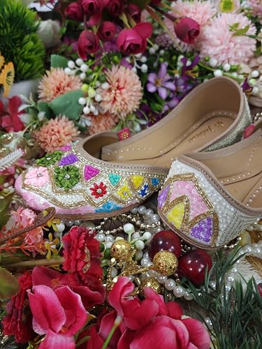 Fulkari Women Flowers Beige Gold Multi Formal Genuine Soft Leather Jutis | Bite and Pinch Free Juttis | Punjabi Jutti | Girl's Wedding Flat Ladies Mojari Ethnic Juti | 40