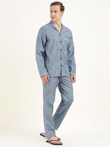 Hancock Men Cotton Checked Relaxed Fit Night Suit Blue Size S