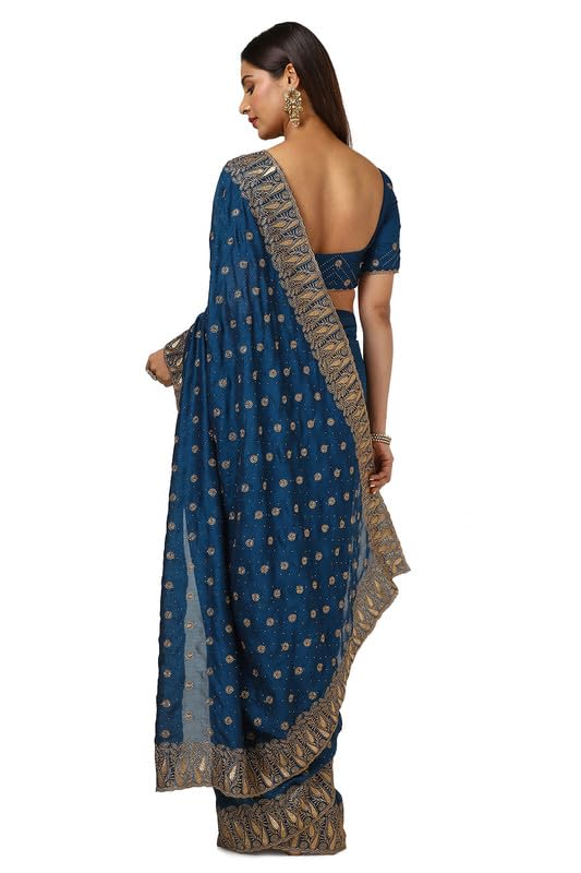 Soch Womens Teal Tussar Embroidered Saree With Stone Work