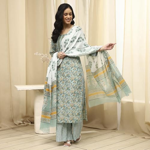 BIBA Women Green Cotton Screen Print Unstitched Suit Set_FREE SIZE
