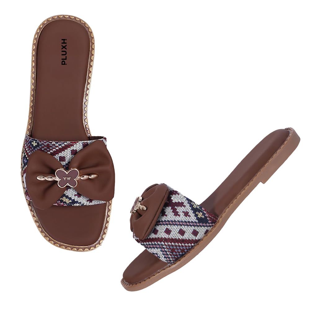 Pluxh Women's Ethnic Woven Crossover Flat Slide Sandals with Satin Bow, Metal Clover Charm & Gold Studded Sole | Casual Slip-On Sandals for Women & Girls|3UK