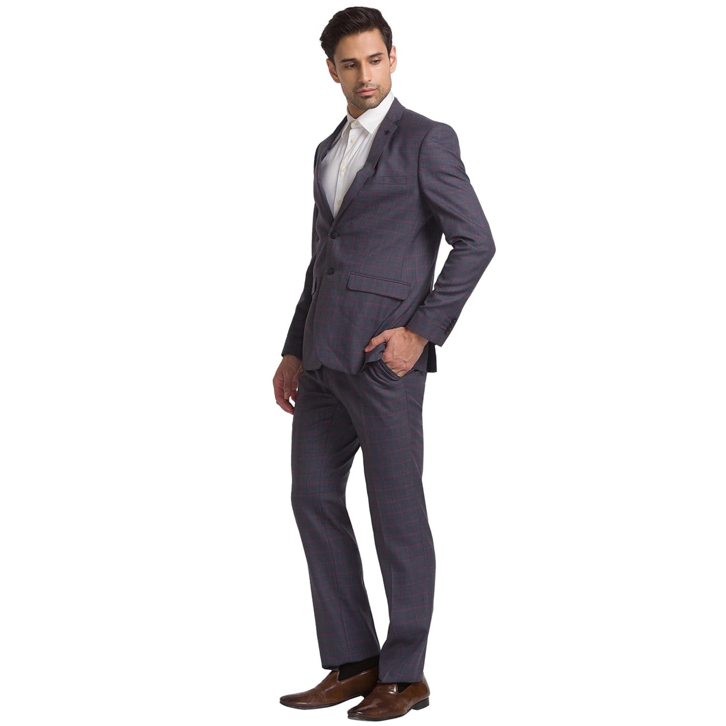 Raymond Men Slim Fit Checks Pattern Poly Wool Blend Notch Lapel Flat Front Formal Suit (Size: 104)-RMDS02113-G8 Dark Grey