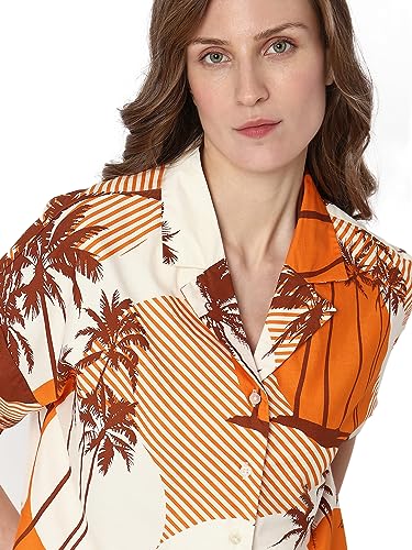 VERO MODA Women Tropical Cotton Regular Fit Orange Shirt