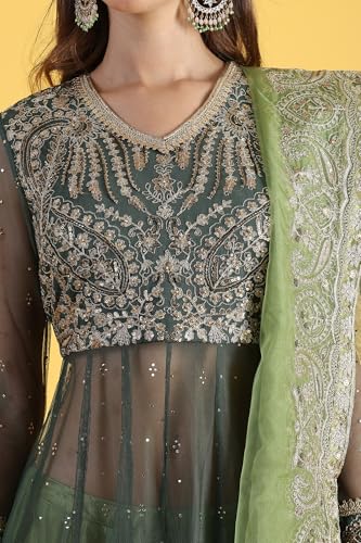 Wishful Women's Green Metallic Embroidery Mesh Flared Kurta & Skirt with Dupatta Set (Size: 3XL)-24AUSP11985-125144
