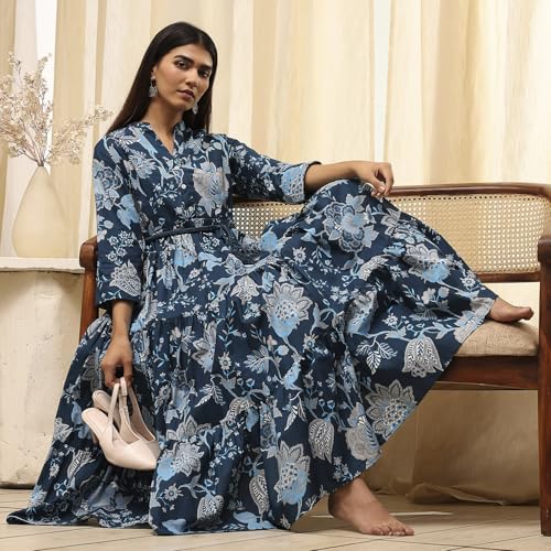 Biba Women Earthy Blue Cotton Dress_38