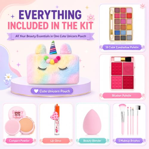 Real Kids Makeup Kit for Girls | 15 Pcs Unicorn Soft Bag with Beauty Set | Washable Play Makeup Kit includes Eyeshadow, Blush, Compact Powder, Lip Gloss, Beauty Blender & Brushes | Birthday Gift for Ages 7–16