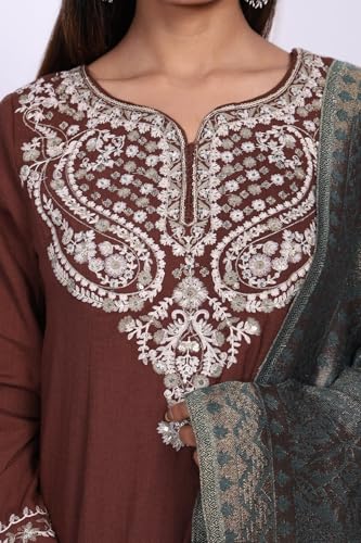 W for Woman Maroon Sequins Rayon Blend A Line Kurta with Straight Pant and Shawl Set - (WS13323-224575-XXL)