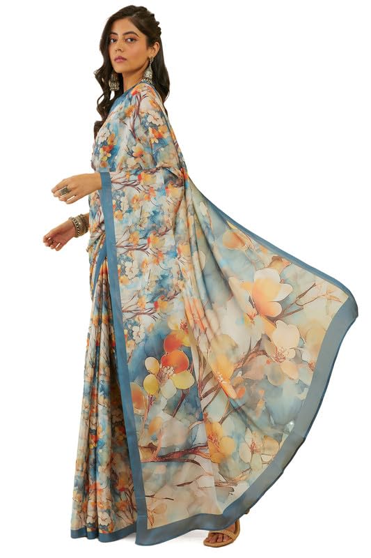 Soch Womens Grey Floral Print Crepe Saree