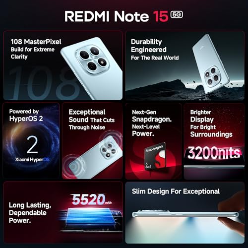 REDMI Note 15 5G (Glacier Blue, 8GB RAM 128GB Storage) | 108MP OIS Camera | Snapdragon 6 Gen 3 | 17.2cm Tough Curved AMOLED Screen | Segment's Slimmest Phone | 5520mAh Si/C Battery | 45W Fast Charging
