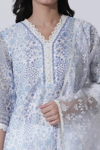 W for Woman White & Blue Floral Printed Kota Kurta, Pants and Brasso Dupatta_24ONWS10519-123919_M