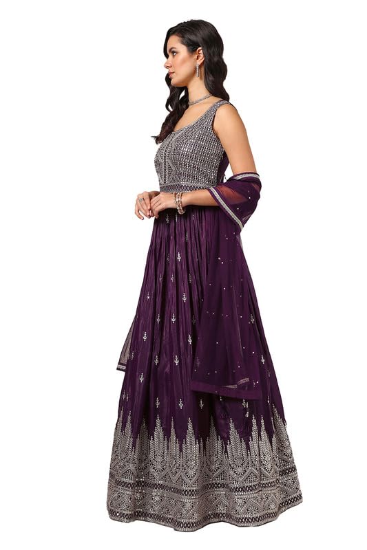Soch Womens Wine Georgette Blend Embroidered Gown With Sequence Work