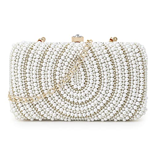 Anekaant Adorn White & Gold Pearl Embellished Faux Silk Clutch for Women | Bridal Bag | Party, Wedding & Festive Accessory