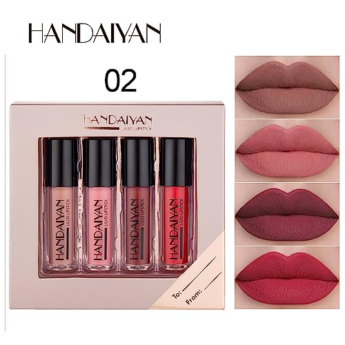 HANDAIYAN Glossy Liquid Lipstick Set - Long-Lasting Waterproof and Smudge Proof LipGloss Liquid Lipsticks for Women in 4 Vibrant Matte Shades - Perfect for Any Occasion! (SET 02 MATTE)