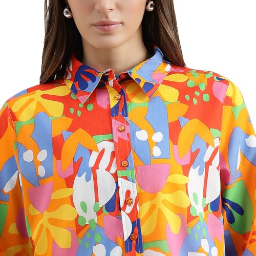 United Colors of Benetton Regular Fit Spread Collar Printed Shirt (Size : M) - 26P5OA95Q8U5G901 Orange