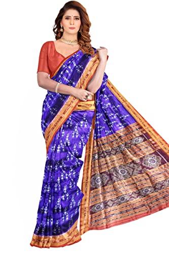 BTHIKIRI Odisha Sambalpuri Handloom Ikat Traditional Women's Pure Khandua Silk Saree Without Blouse (Navy Blue,Red, BTHI 5410)