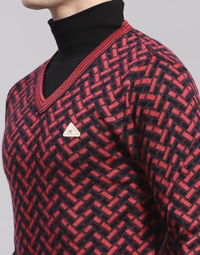 Monte Carlo Mens Pink Self Design V Neck Full Sleeve Wool Blend Casual Sweater (1239277VN-1-40)
