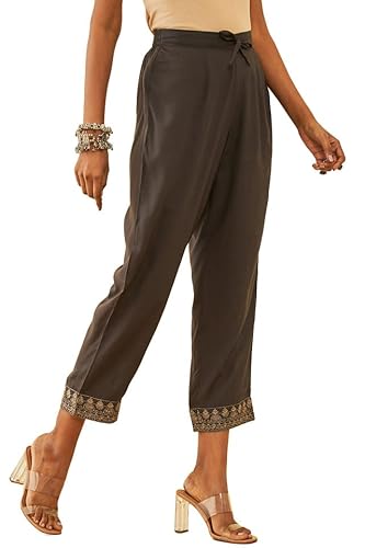 Soch Womens Charcoal Rayon Slub Three-Piece Co-Ord Set with Thread Work