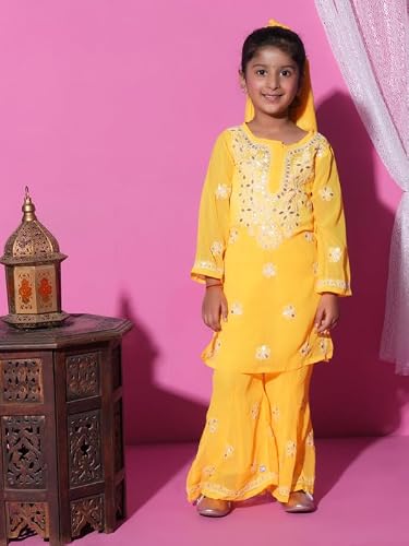 Fashion Chikan Art Chikankari Lucknowi Hand Embroided Gota Patti Kurti,Palazzo and Dupatta Set | Color - Yellow | Size - 11-12 Years