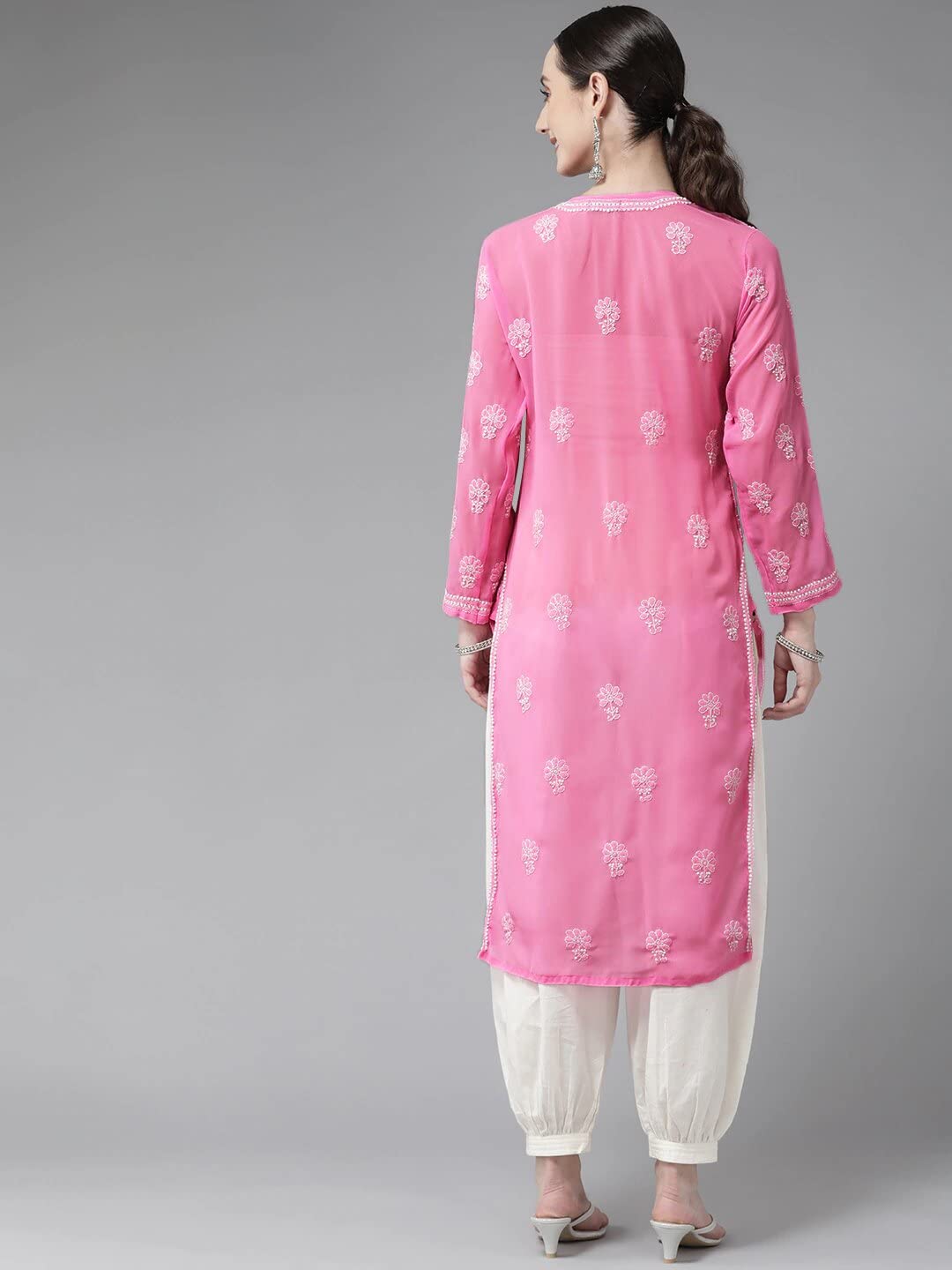 Ada Lucknowi Hand Embroidered Chikankari Straight Georgette Kurti Kurta for Women A95522 Pink (M)