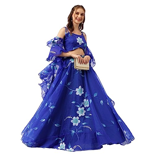 Divena Blue Floral Hand Paited Organza Lehenga choli with Friled Dupatta Set