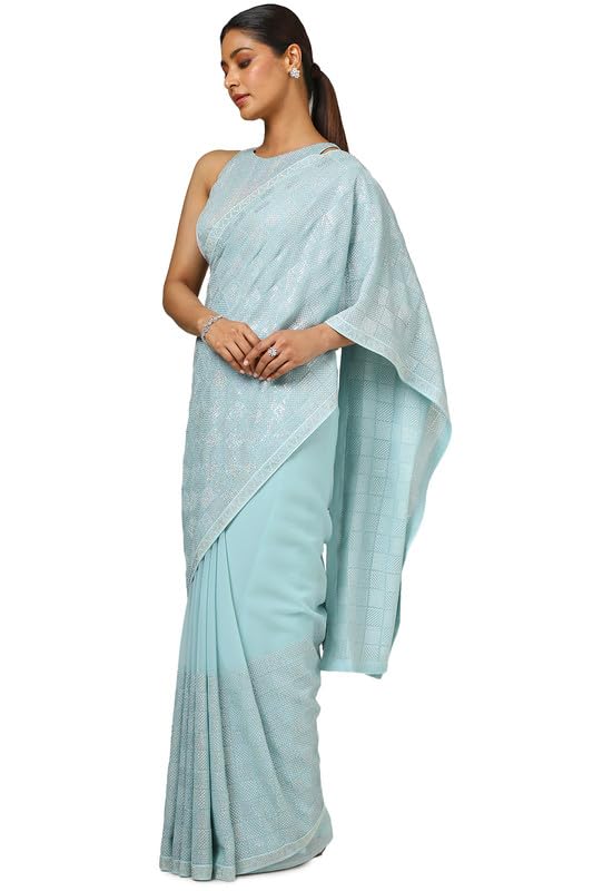 Soch Womens Turquoise Blue Georgette Embellished Saree With Sequins