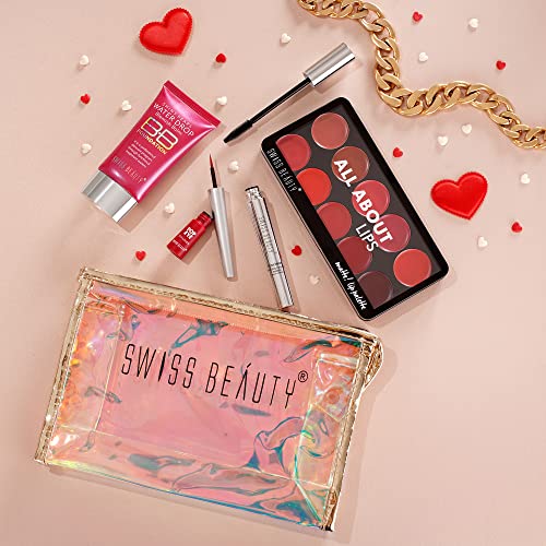 SWISS BEAUTY First Love Day-Night Makeup Kit With Pouch, Bb Foundation Spf15, Multi-Purpose Lip Palette 10 Shades, Smudgeproof &Water-Resistant Eyeliner & Mascara, Long-Lasting For All Occasions