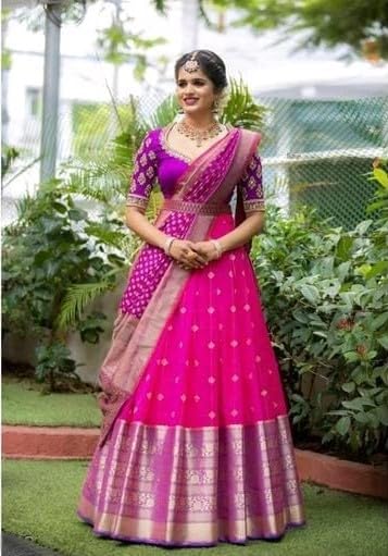 RENVAANI Women's Traditional Kanjivaram Silk Zari Weaving Unstitched Lehenga Choli with Dupatta (Khajuri BT Red)