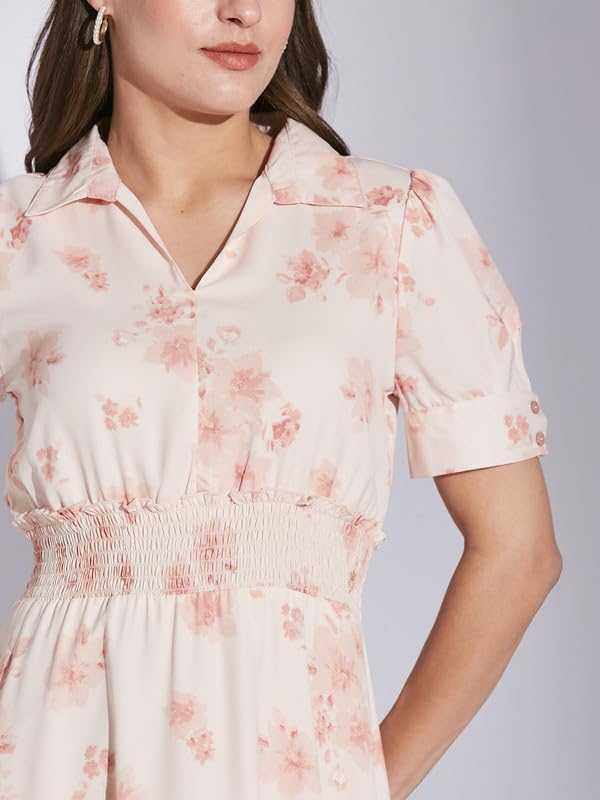Latin Quarters Women Pink Shirt Collar Half Sleeve Floral Dress_M